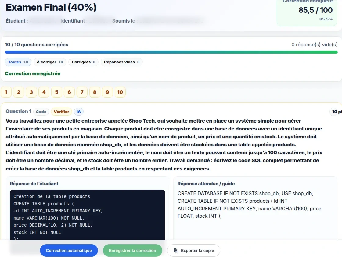 Interface de correction Nabunam montrant la question, la réponse étudiante, le guide de correction et les contrôles de validation de l’enseignant.