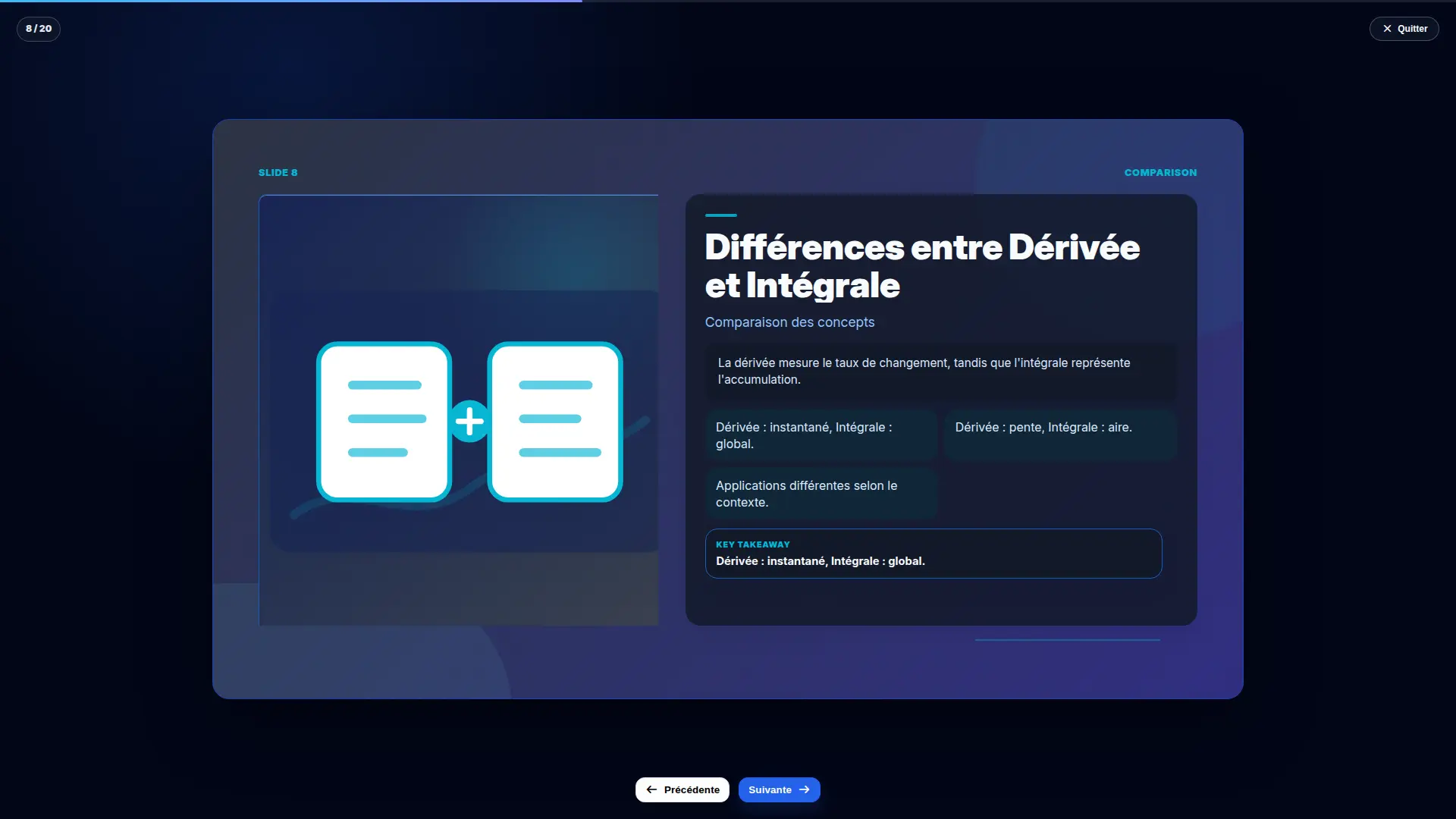 Mode présentation Nabunam avec aperçu plein écran, navigation et option d’export.