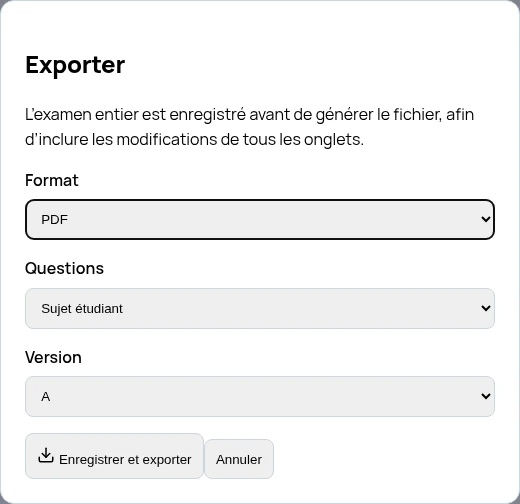 Dialogue réel d’export Nabunam : choix PDF ou Word, sujet étudiant ou corrigé enseignant, version et bouton Enregistrer et exporter.